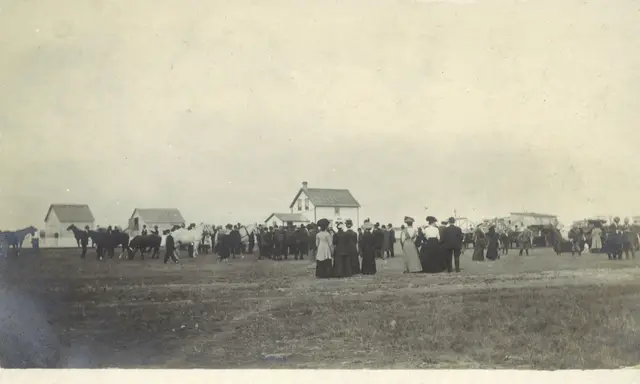 Crowd gathered for horse event in a field